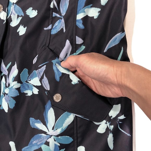 Dennis Basso M Navy Floral Removable Hood Water Resistant Zip Front Jacket/Coat - Picture 6 of 11